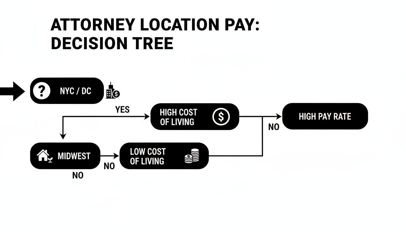 A decision tree illustrating attorney pay based on location and cost of living factors.