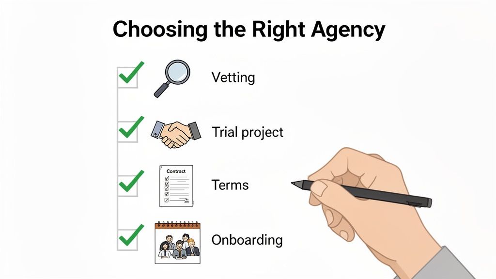 A checklist outlining key steps for choosing the right agency, including vetting, trial, terms, and onboarding.