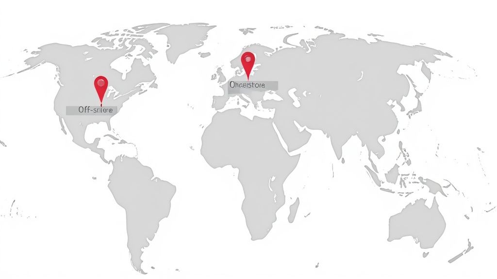A world map with connected dots representing a global talent network