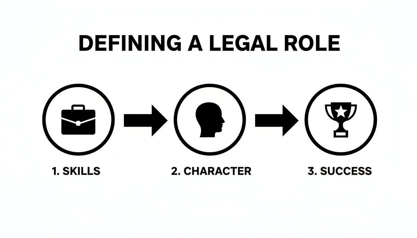 Infographic showing three steps to defining a legal role: skills, character, and success.