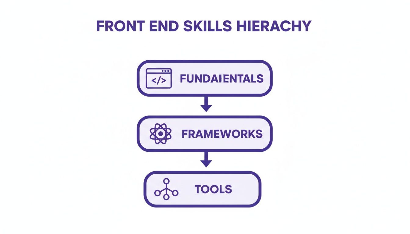 A diagram titled 'Front End Skills Hierarchy' showing Fundamentals, Frameworks, and Tools in a top-down progression.