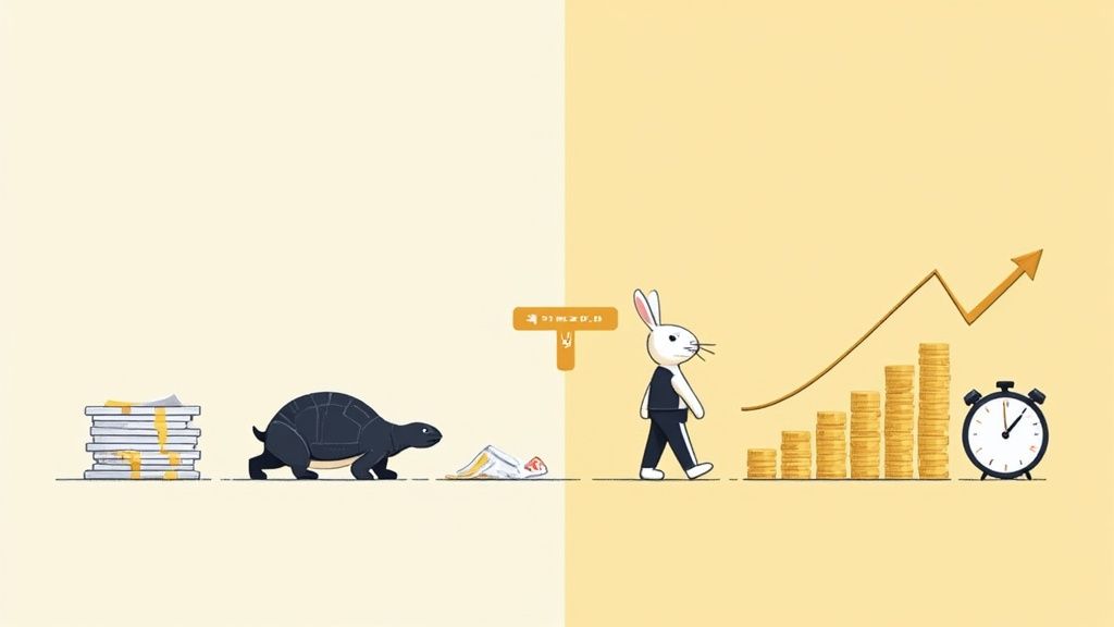 Split image comparing slow turtle with papers versus fast rabbit with growing money stacks and clock