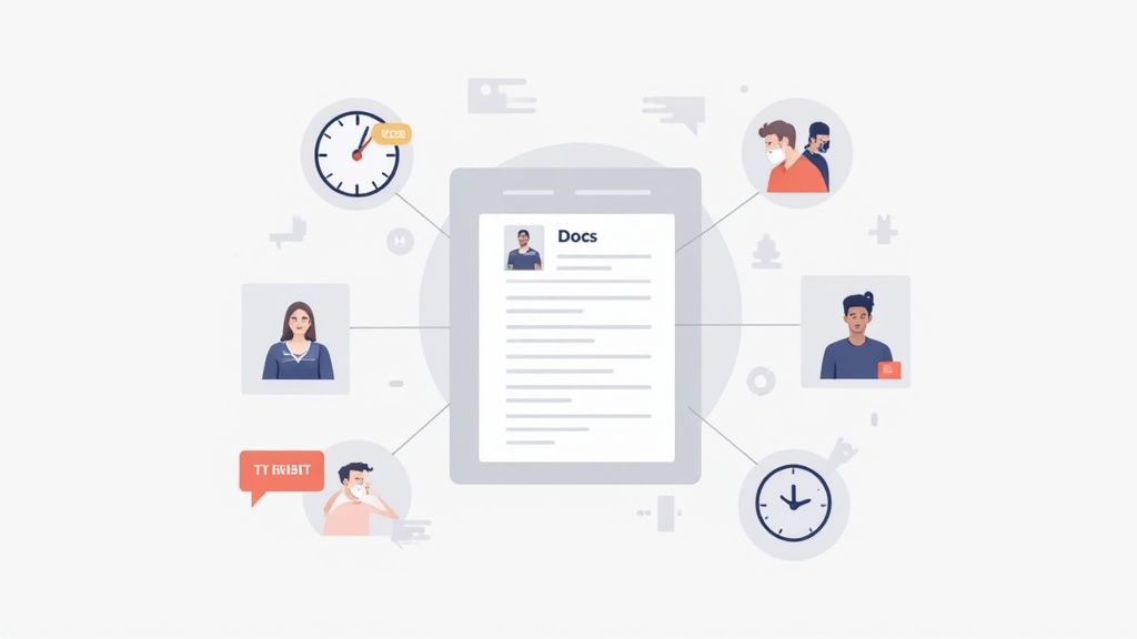 A group of developers in a collaborative meeting, looking at a screen.