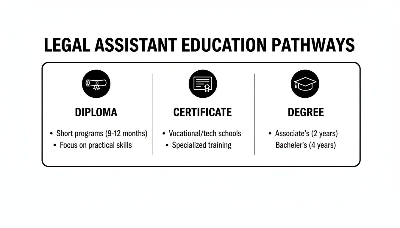 Infographic detailing legal assistant education routes including diploma, certificate, and associate's/bachelor's degrees.