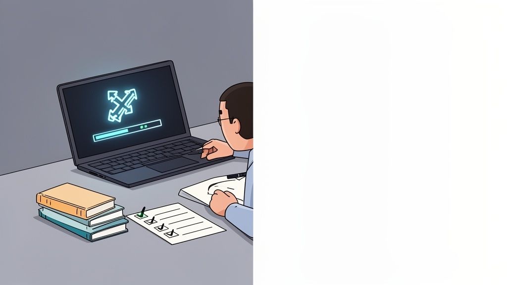 A person works on a laptop showing a loading screen, with books and a checklist nearby on a desk.