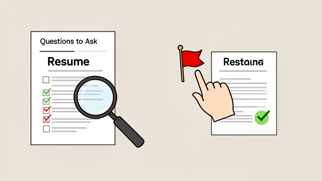 An illustration of a resume review process, with one being checked and another flagged.