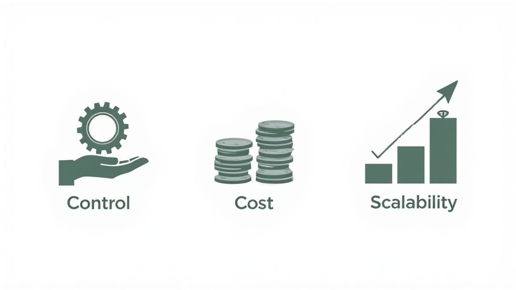 Three icons representing control (gear), cost (coins), and scalability (growth chart with diamond).
