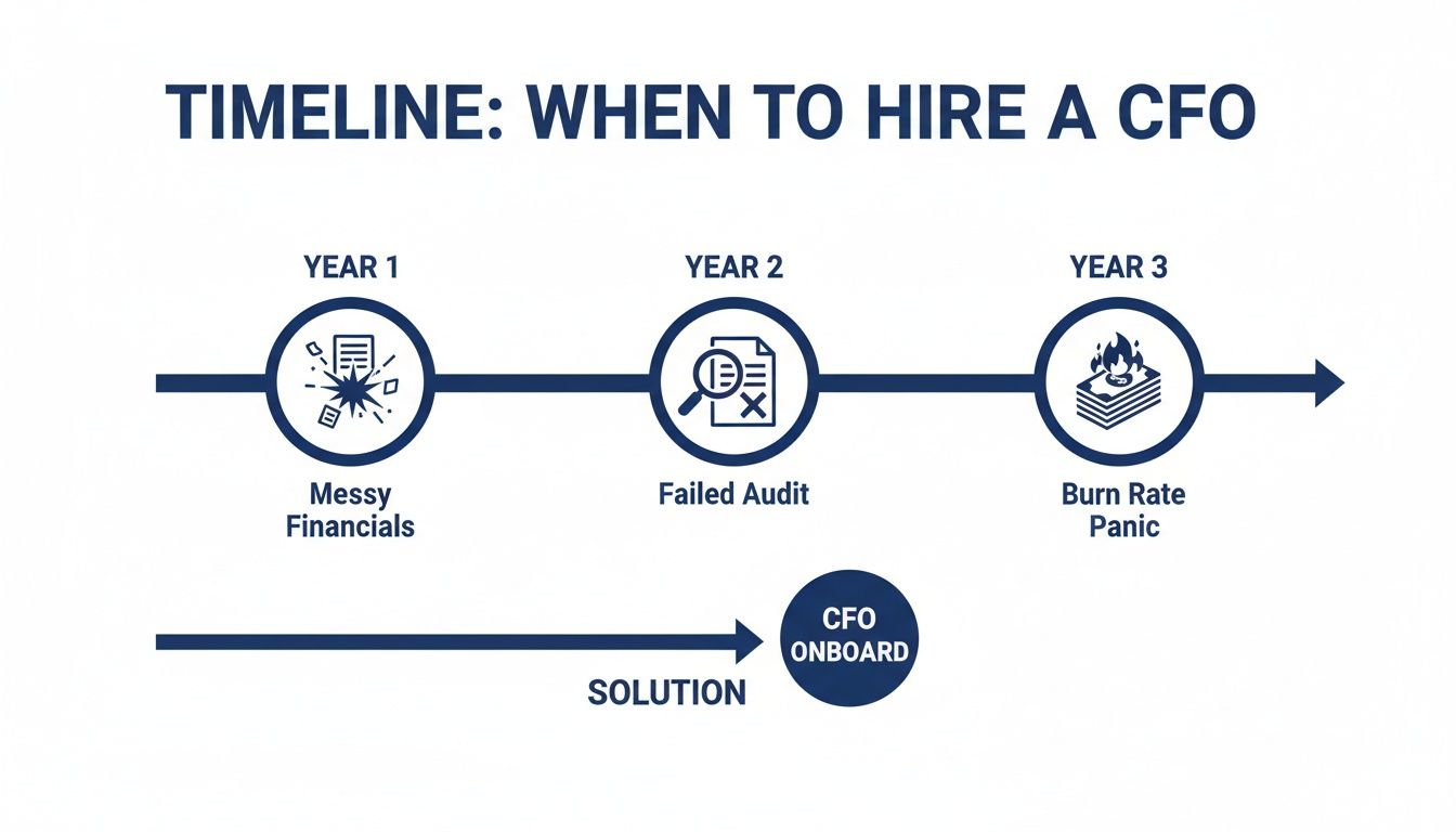A timeline illustrating common financial problems over three years, solved by hiring a CFO.