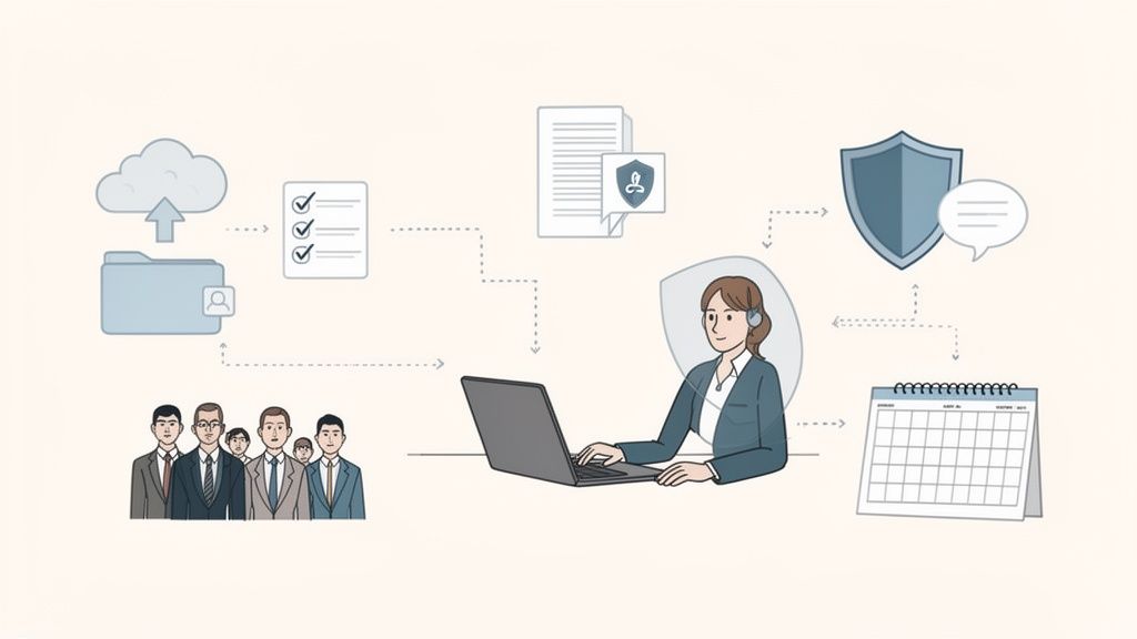 An illustration showing the workflow of an online legal assistant, managing secure documents, communication, and scheduling.