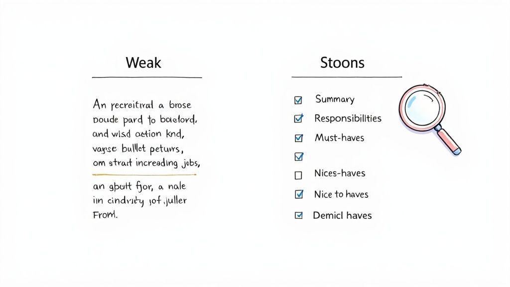 A comparison of weak, jumbled text versus clear, checklist-based job description elements.