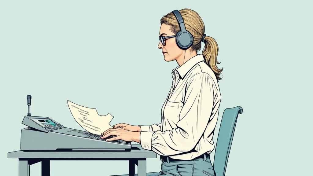 A court reporter's hands on a stenograph machine
