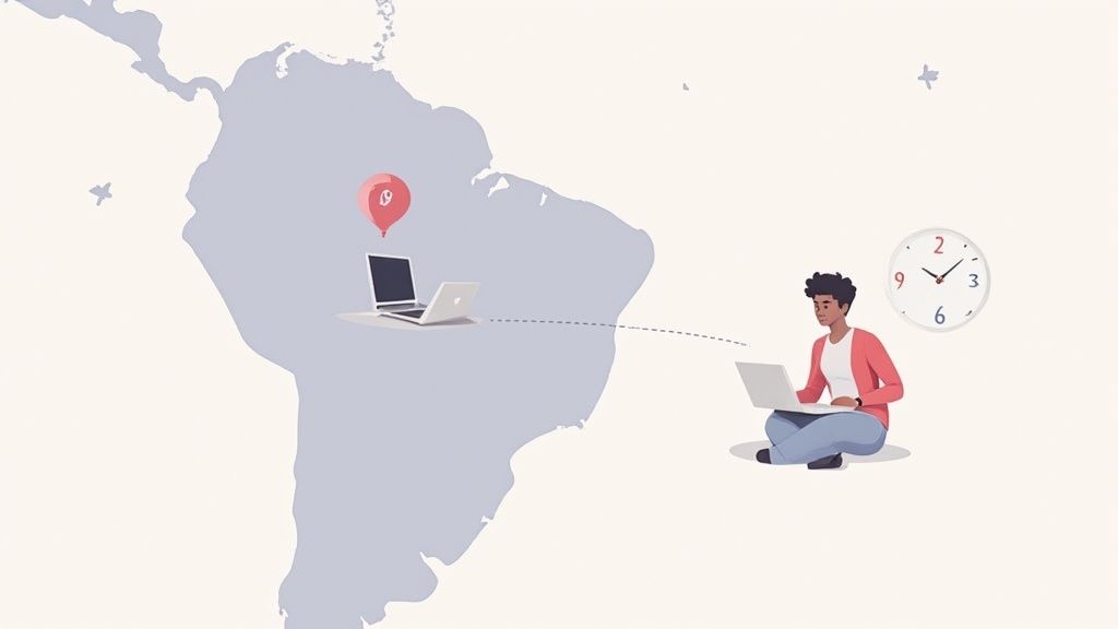 An illustration depicting a person working remotely on a laptop, connected to a server location on a map, with a clock symbolizing different time zones.