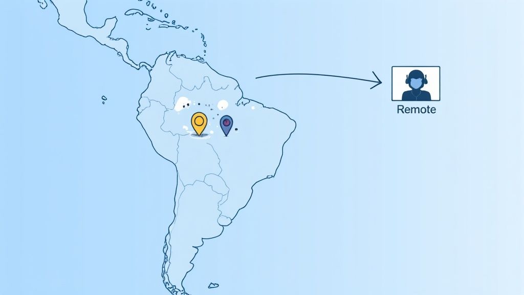 Map of South America with two location pins in Brazil, connected by an arrow to a remote worker icon.