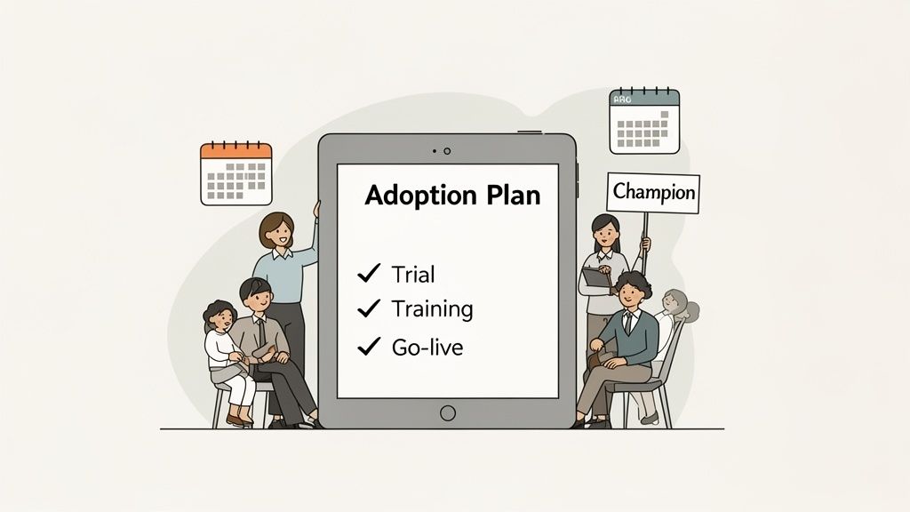A diverse team reviews an "Adoption Plan" on a tablet, including trial, training, and go-live stages.