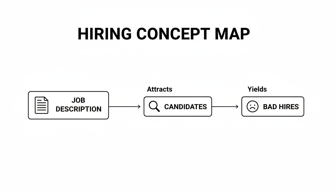 Hiring concept map showing a job description attracts candidates, which then yields bad hires.
