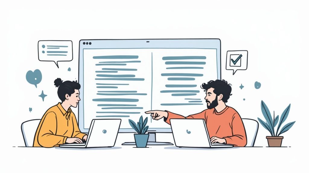 Two developers collaborating on laptops in front of a large screen, discussing code or content.