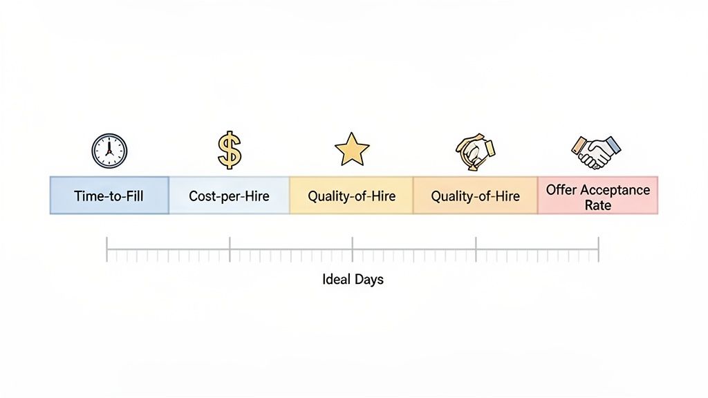 A visual timeline displaying key recruitment metrics like time-to-fill, cost-per-hire, quality-of-hire, and offer acceptance rate.