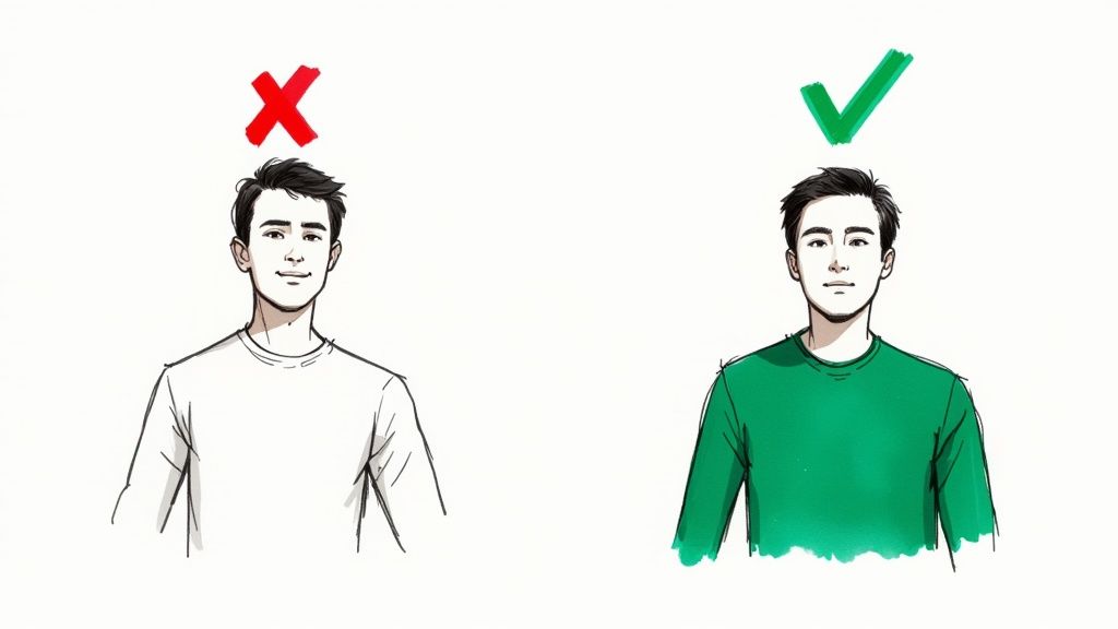 A person professionally dressed for a video interview, wearing a solid color that contrasts well with their background