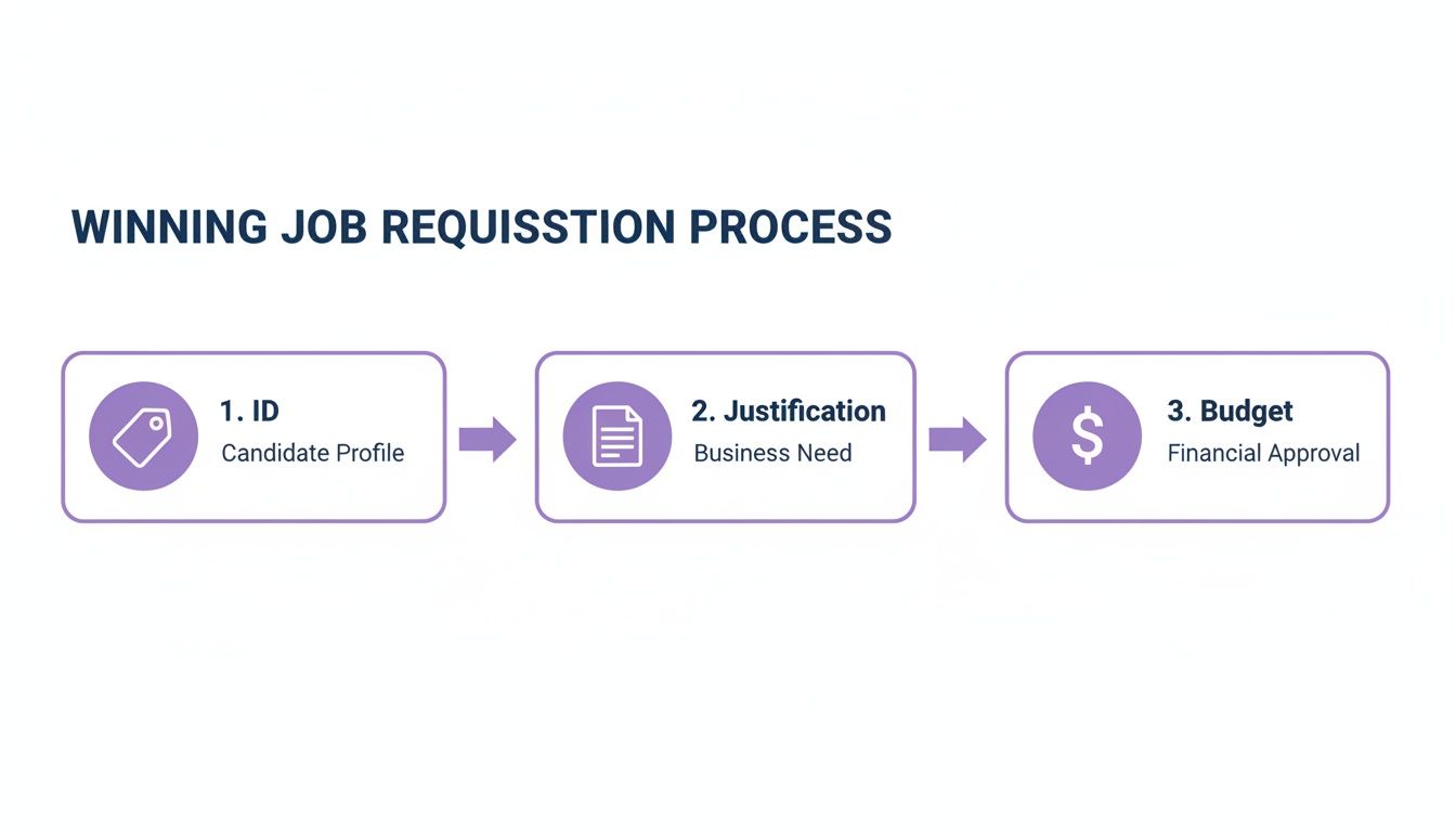 Flowchart illustrating the winning job requisition process with three steps: ID, Justification, and Budget approval.