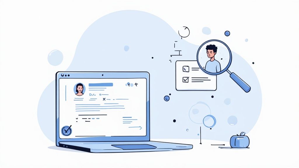Illustration of a laptop displaying a resume, a magnifying glass searching for a person, and a checklist.