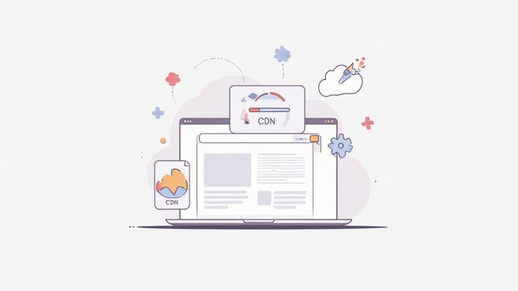 An illustration of a laptop showing a webpage with CDN optimization, speed gauge, and cloud rocket.