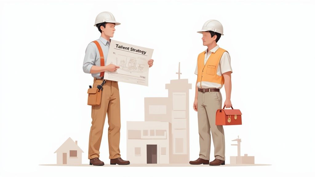 Two construction workers in hard hats discussing talent strategy blueprint at building site