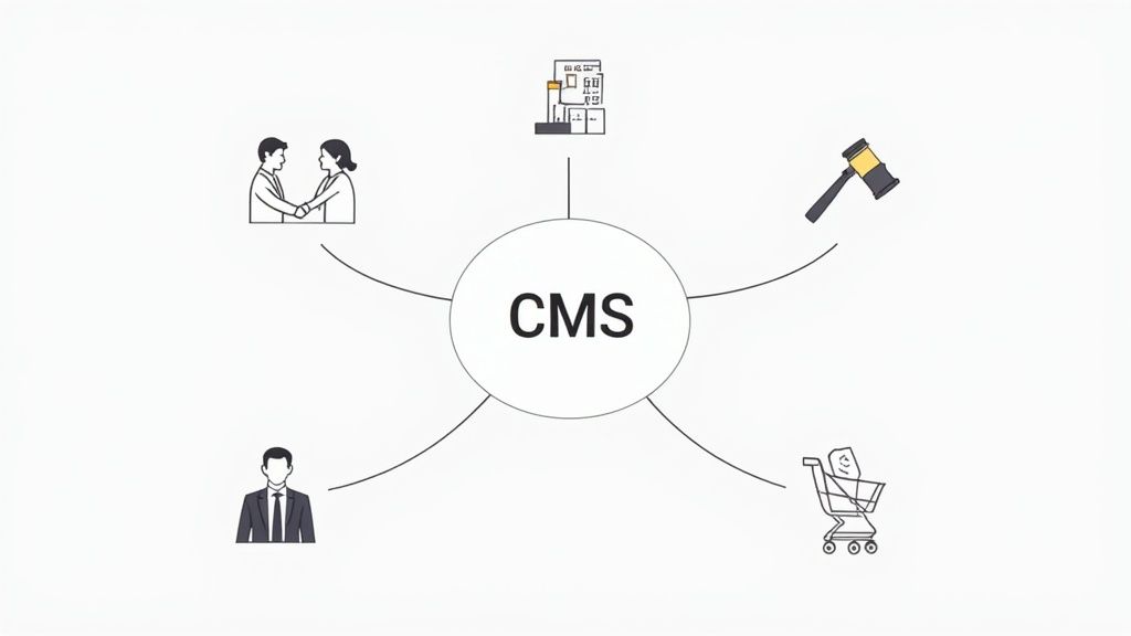A visual representation of a central hub connecting different business functions like sales, finance, and legal.