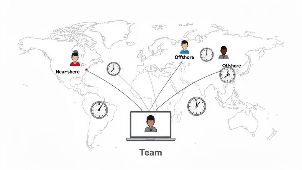 A world map illustrating a globally distributed software development team collaborating from different time zones.
