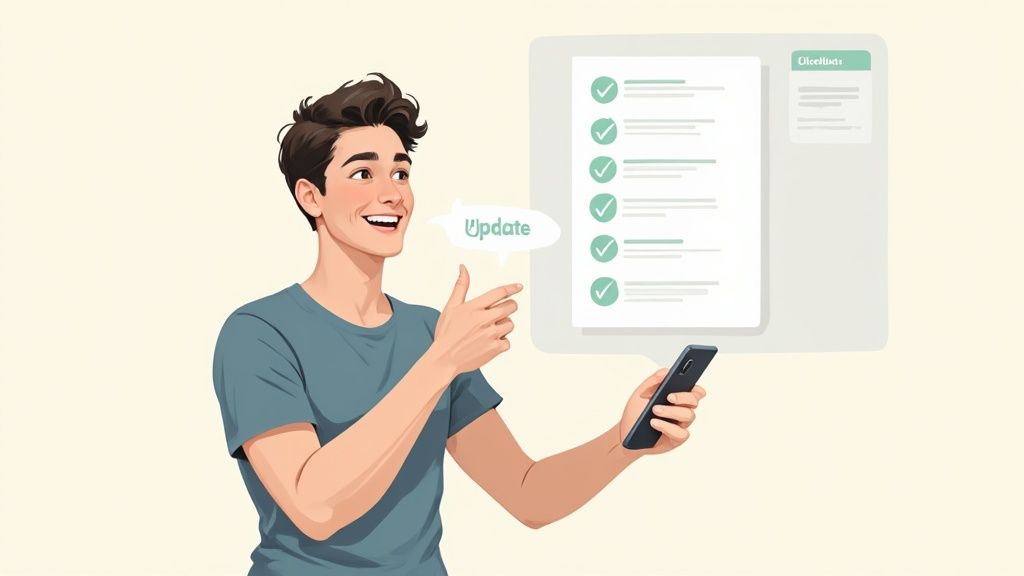 A smiling man points to an "Update" bubble next to a digital checklist screen, holding a smartphone.