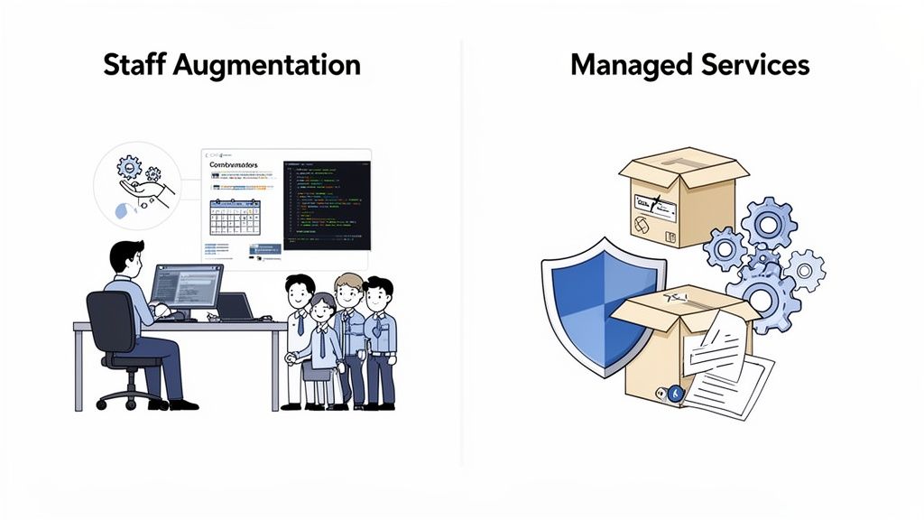 A side-by-side comparison illustrating staff augmentation with a team and managed services with security and delivery.