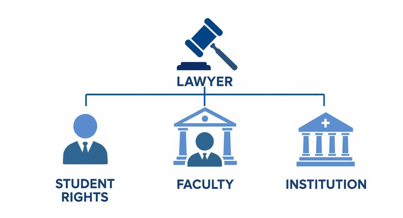 An illustration showing a lawyer providing legal services to student rights, faculty, and institutions.
