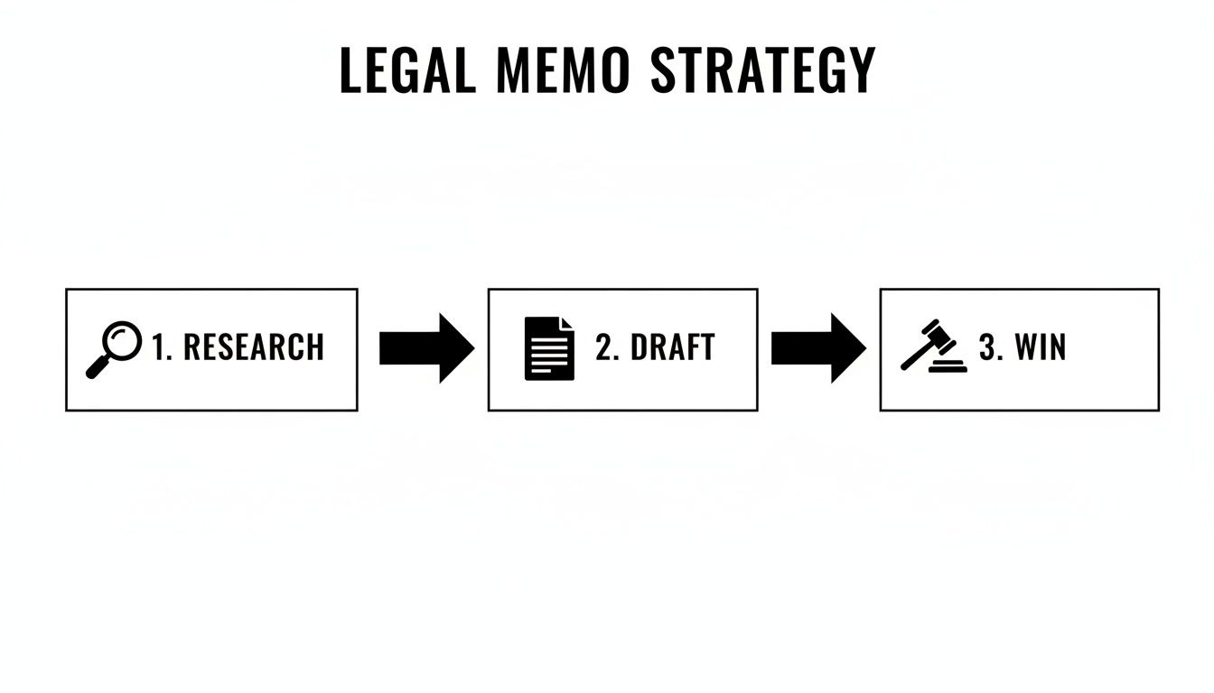 A three-step flowchart showing the legal memo strategy: 1. Research, 2. Draft, 3. Win.