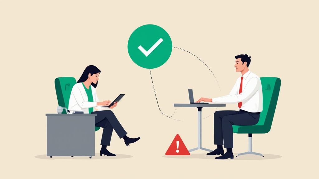 Two professionals working remotely with green checkmark and warning symbol illustrating legal compliance