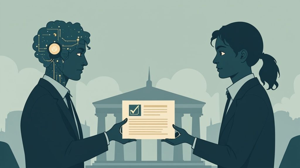 An abstract image showing glowing neural network lines intersecting with a classic legal scale, symbolizing the fusion of AI and law.