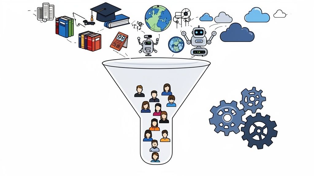 Illustration of a funnel with diverse knowledge and technology flowing in, filtering people, supported by gears, representing skill development.