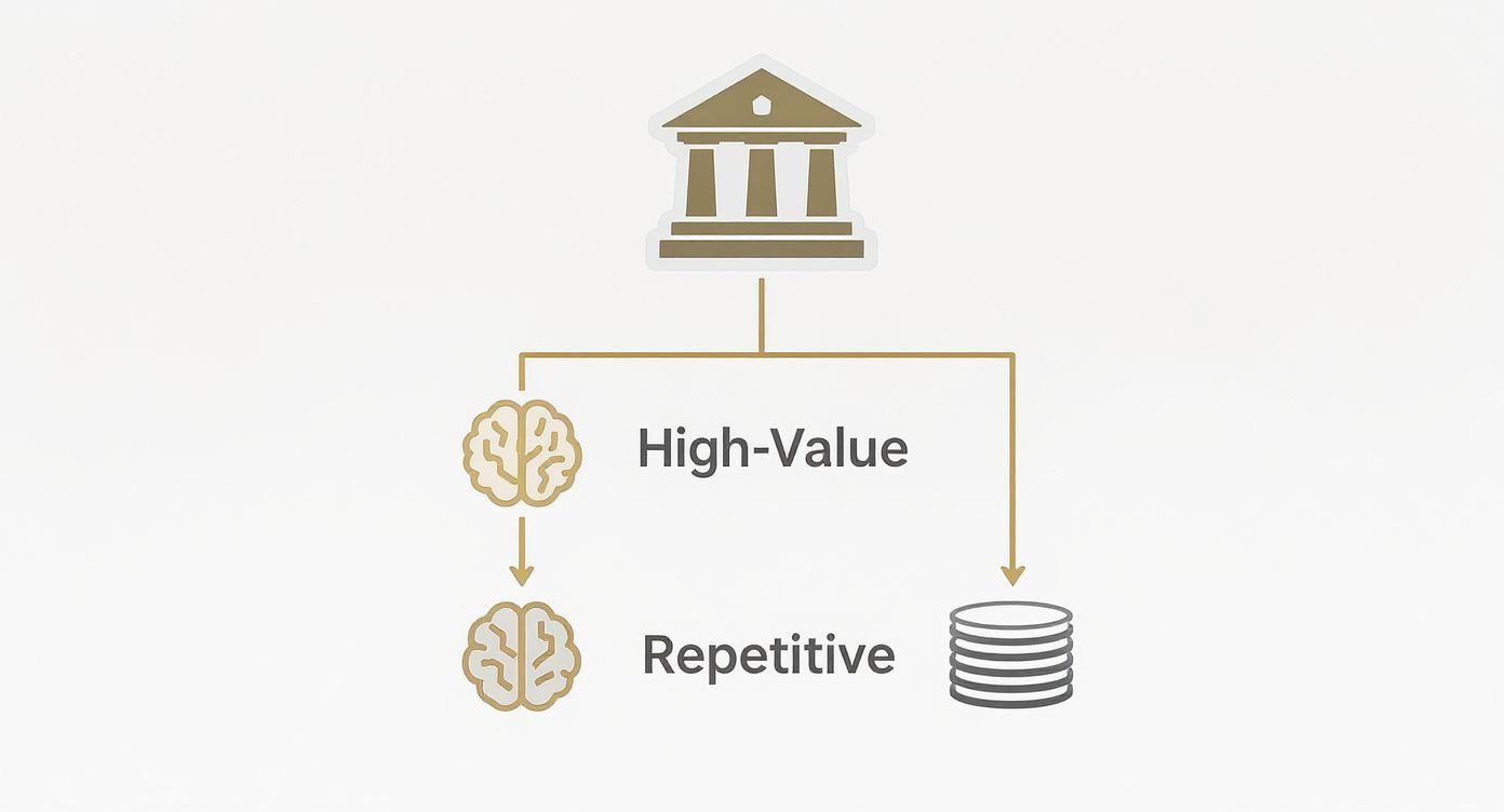 Flowchart illustrates how a business categorizes tasks into high-value human thought and repetitive data processing.