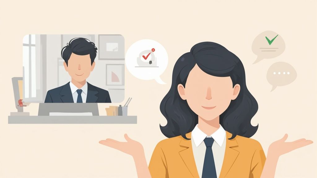 A professional conducting a remote job interview from a well-lit home office.