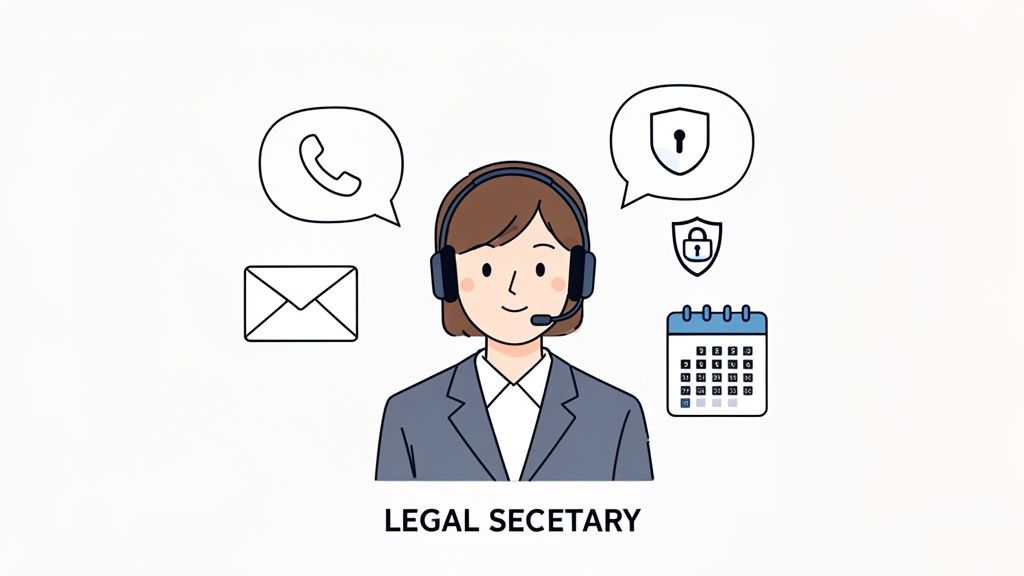 A cartoon legal secretary with a headset, surrounded by icons for phone, email, security, and calendar.