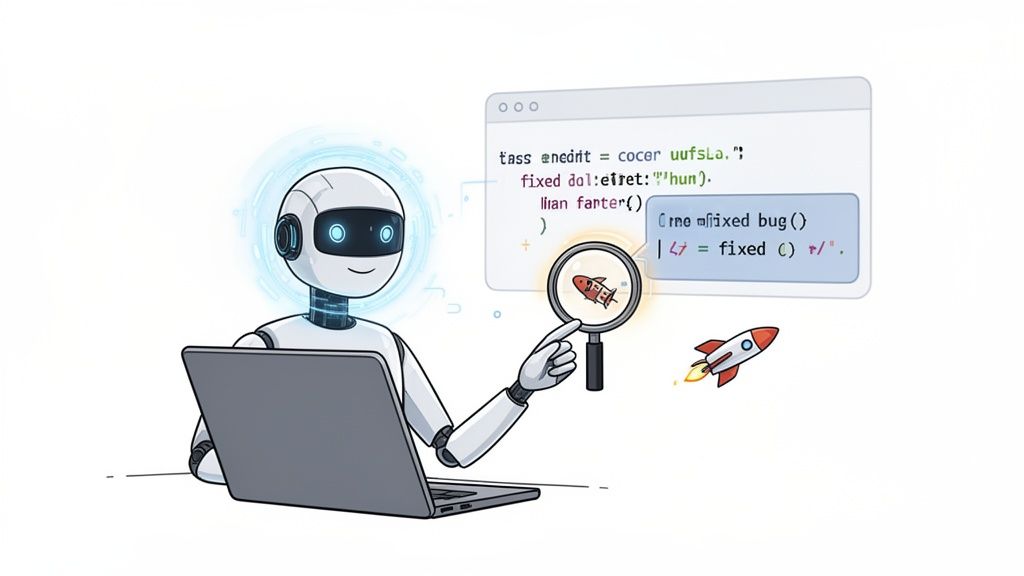 An AI robot uses a laptop to debug software, fixing a bug represented by a rocket in code.