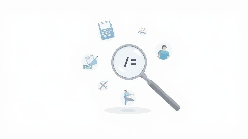 A magnifying glass with the 'not equal to' symbol, surrounded by icons representing diverse professions and documents.