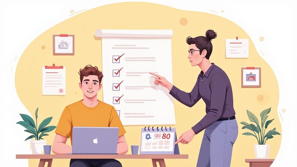 Illustration of two colleagues reviewing a task checklist and a calendar in a modern office.