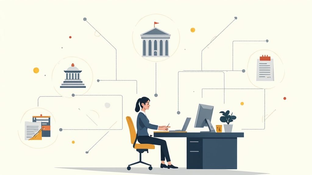 A paralegal diligently working on legal documents in a modern office environment.