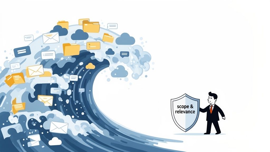 A businessman uses a "scope & relevance" shield to protect against a wave of digital data like emails, folders, and clouds.