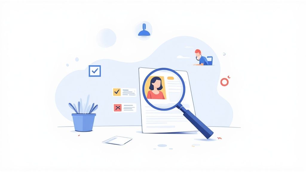 Magnifying glass examining candidate profile with checkmarks showing mobile app developer recruitment process
