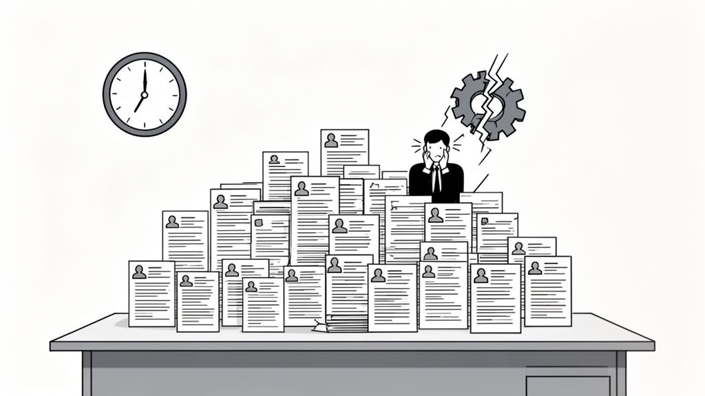 Stressed professional overwhelmed by a mountain of job applications, with a broken gear and clock.