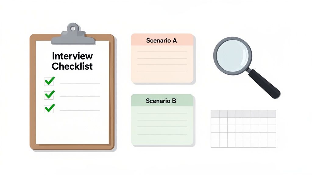 An interview checklist with three items checked, two scenario notes, a magnifying glass, and a blank grid.