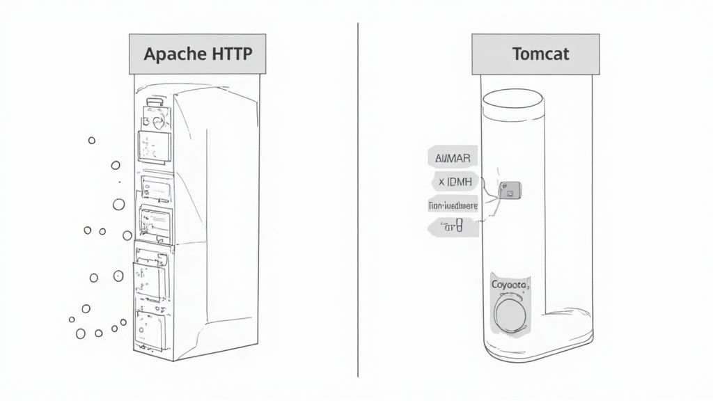 Diagram showing the different architectural models of Apache HTTP Server and Apache Tomcat, highlighting their respective strengths in handling web traffic.