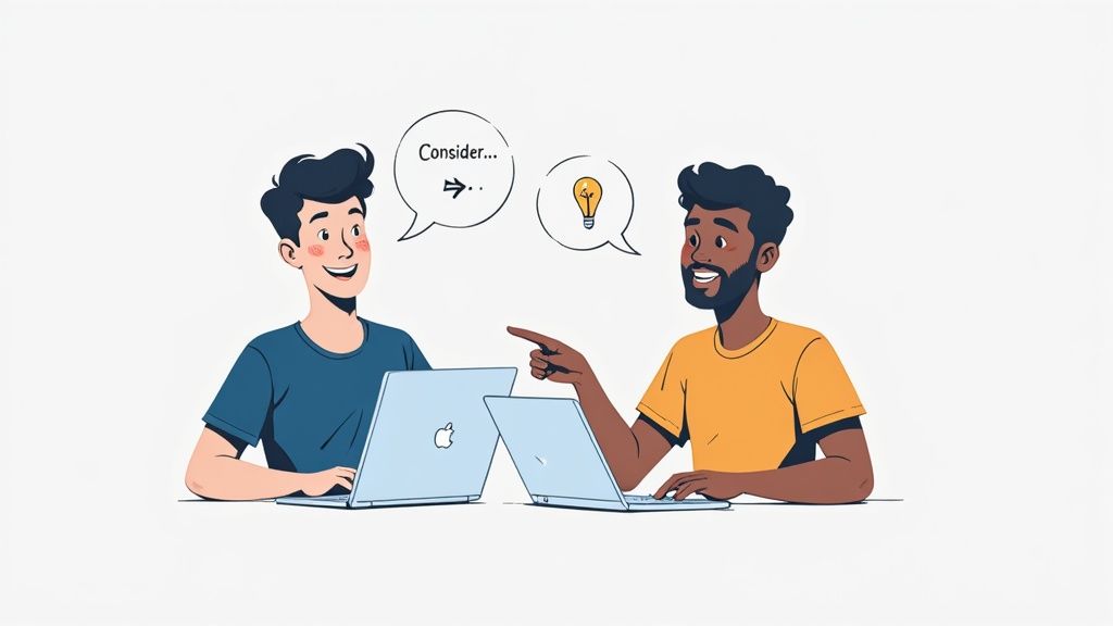 Two smiling men with laptops discussing ideas, one pointing, with speech bubbles suggesting consideration and a new idea.