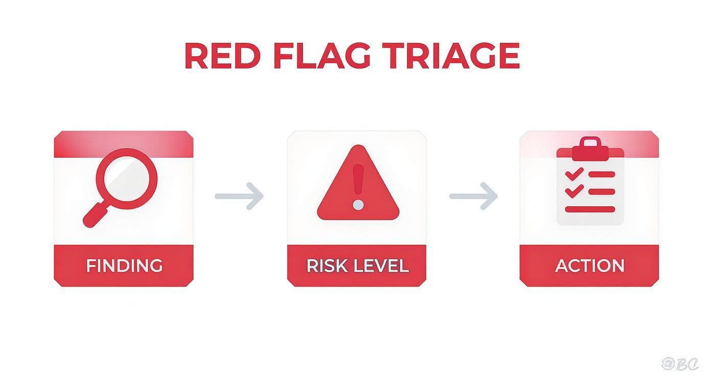 A diagram illustrating the Red Flag Triage process with steps: Finding, Risk Level, and Action.