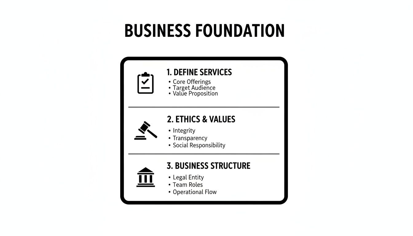 A diagram titled 'BUSINESS FOUNDATION' detailing services, ethics, and business structure components.